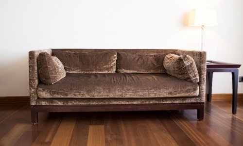 Wohnzimmer mit braunem Sofa aus Samt-Stoff