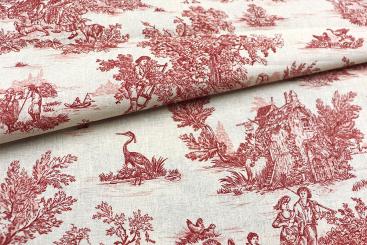 Baumwollstoff Toile de Jouy - Erntezeit - Rot 